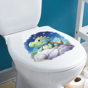 Detail showing a cartoon dinosaur and starry sky sticker applied on a white toilet lid