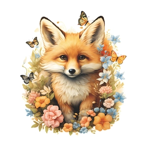 Cartoon orange fox wall sticker with colorful flowers and butterflies for home decor