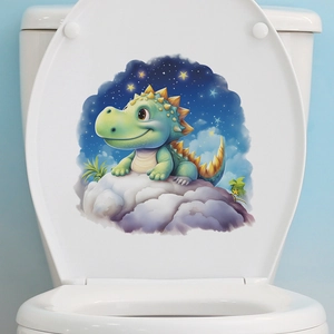 Cartoon green dinosaur dream starry sky toilet lid sticker for home bathroom decor