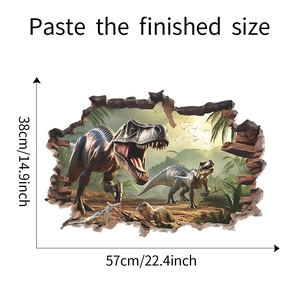 3D dinosaur wall sticker detail showing the 57cm x 38cm finished size dimensions