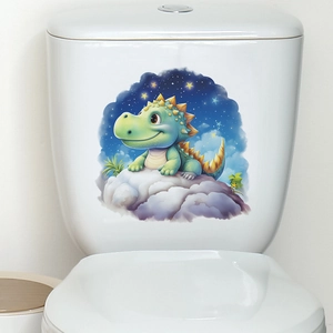 Cartoon space dinosaur toilet sticker showing a cute green dragon on clouds with stars