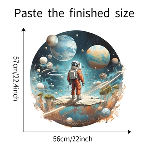 Detail showing the space astronaut wall sticker dimensions of 57cm by 56cm for bedrooms