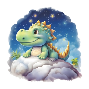 Cartoon green dragon on white clouds and starry sky background self-adhesive wall decal