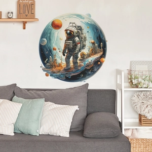 Space astronaut round wall sticker for kids room with futuristic planet background