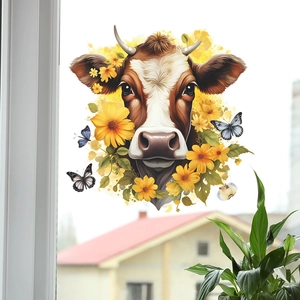 Detailed view of cow with daisy and butterfly static window sticker in home setting