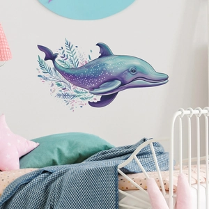 Dreamy watercolor dolphin wall decal with stars for kids bedroom nursery decor