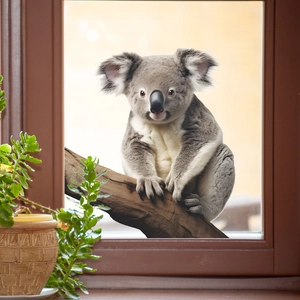 Realistic koala window decal showing grey koala on tree trunk for home glass decoration