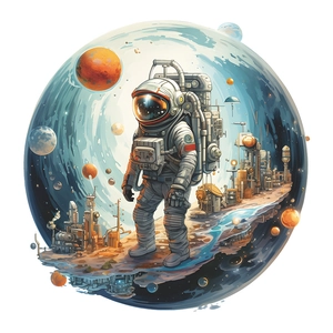 Space astronaut wall sticker with planets and floating islands in a cosmic bubble