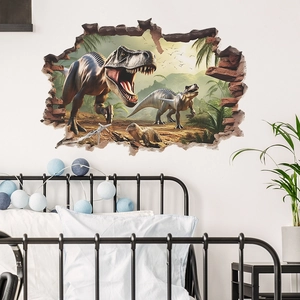 3D wall sticker featuring a T-Rex breaking through the wall in a cozy kids room
