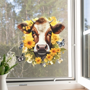 Cartoon cow and sunflower static window cling decal on glass with nature background