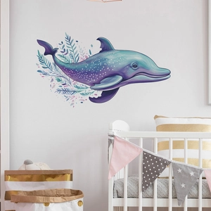 Whimsical colorful dolphin wall decal for children's bedroom decor with stars and sea plants