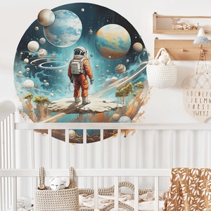 Round space wall sticker with astronaut and planets for kids room decor