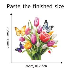 Detailed view of colorful tulip flowers and butterflies wall decal with 26cm size markings