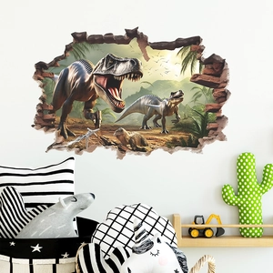 3D Jurassic dinosaur wall sticker showing dinosaurs breaking through a wall for kids' room