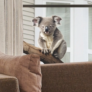 Realistic koala wall sticker on a branch applied behind a sofa in a living room decor
