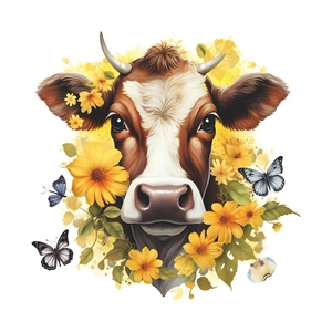Cartoon cow wall sticker with yellow sunflowers and butterflies for home decoration