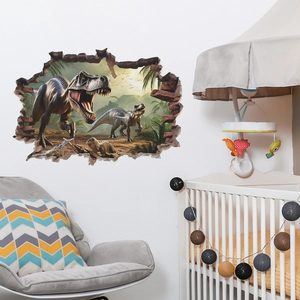 3D broken wall dinosaur wall sticker featuring T-Rex in a tropical jungle nursery