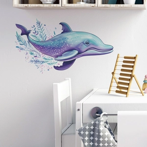 Watercolor dream whale wall stickers for kids bedroom featuring dolphins and floral elements