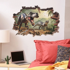 Detailed 3D broken wall dinosaur wall sticker shown in a cozy bedroom setting