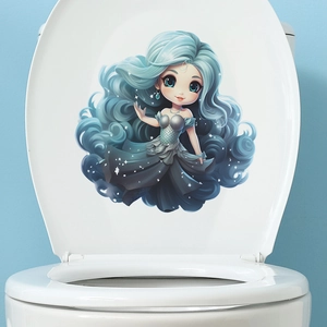 Adesivo per Gabinetto Cartoon Chibi Girl Impermeabile PVC Decalcomania per Bagno Stile Sirenetta Vestito Stellato Adesivo da Parete