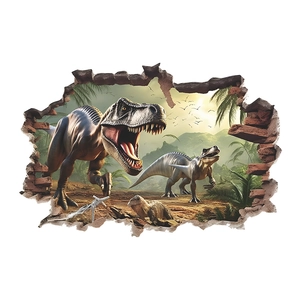 3D Jurassic dinosaur wall sticker with realistic broken brick wall effect for kids' rooms