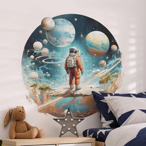 Round space wall sticker with astronaut and colorful planets for kids bedroom decor
