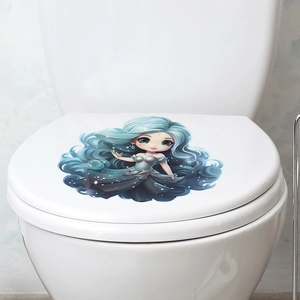 Adesivo per WC con ragazza cartone dai capelli blu per decorazione bagno di casa