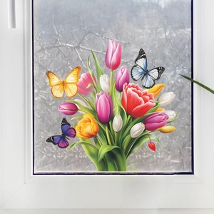 Colorful tulip bouquet and butterfly glass window decals for home interior wall decoration