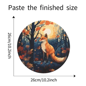 Vista macro dell'adesivo tondo da 26 cm con volpe cartone animato e dettagli delle misure