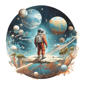 Cartoon astronaut on a planet in space wall decal for kids' bedroom background decor