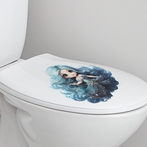 Dettaglio adesivo ragazza anime con capelli blu su sedile WC in ceramica bianca decor