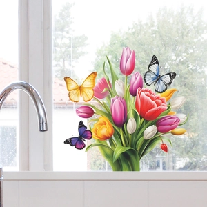 Colorful tulip floral and butterfly self-adhesive window stickers for home glass decoration