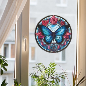 Kreativer Fensteraufkleber im Buntglas-Stil mit blauem Schmetterling und Rosen-Motiv