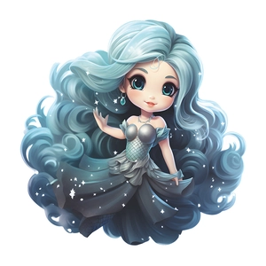 Adesivo murale ragazza cartone animato con capelli blu ricci e vestito con stelle