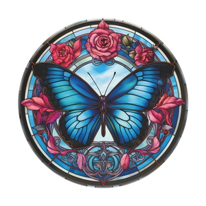 Kreativer runder Fensteraufkleber mit blauem Schmetterling und rosa Rosen Blumenmuster