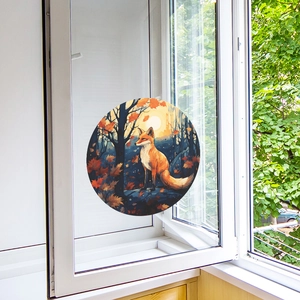 Adesivo rotondo per vetri con volpe autunnale e foglie di acero per decorazione