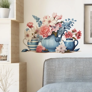 Floral wall stickers with blue vases and pink flowers for home bedroom decoration