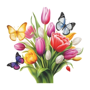 Colorful tulip bouquet wall decal with vibrant butterflies on white background