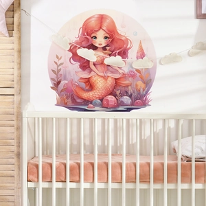 Sticker mural rond sirène de dessin animé dans une chambre d'enfant rose et orange