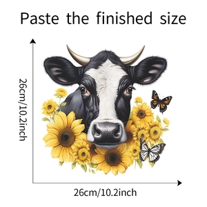 Vue détaillée de l'autocollant de fenêtre vache et tournesol avec dimensions 26cm