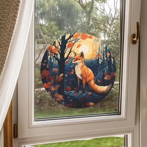 Adesivo per finestre rotondo con illustrazione di volpe e foresta autunnale su vetro