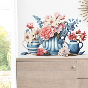 Creative Pink Rose Lily Flower Blue Striped Vase PVC Wall Sticker For Dining Room Kitchen Removable DIY Art Mural Decor