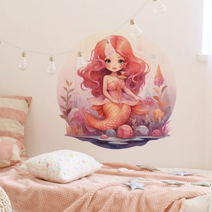 Sticker Mural Rond Dessin Animé Sirène PVC Autocollant Amovible Décoration Pour Chambre d'Enfant Filles Porte