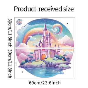 Detailed size specifications for watercolor castle wall stickers in compact layout format