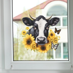 Sticker Mural Tête de Vache Réaliste avec Tournesols et Papillons Décalcomanie de Fenêtre en PVC Style Rural Décoration Maison