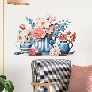 Detail of floral wall decals featuring blue striped vases and pink watercolor flowers