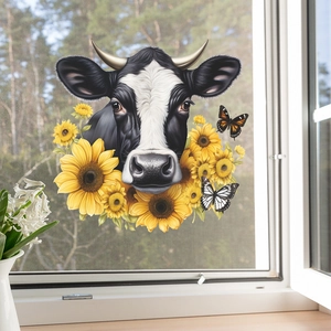 Sticker de fenêtre avec vache et tournesols pour décoration murale en verre