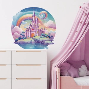 Round watercolor fantasy castle wall sticker with rainbow and clouds for kids bedroom