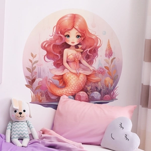 Sticker mural rond sirène dessin animé rose et violet pour chambre d'enfant