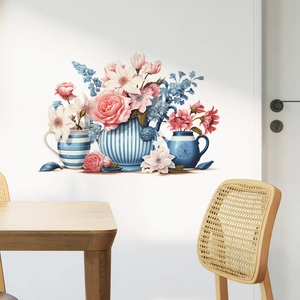 Creative floral vase wall stickers with colorful painted flower pots for home kitchen decor